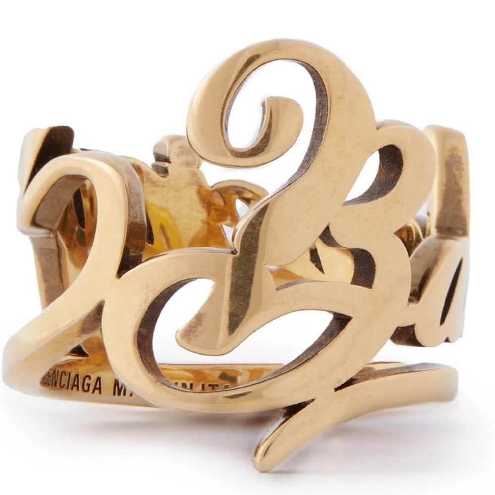 NEW BALENCIAGA Typo Logo Gold tone Ring - Picture 2 of 4